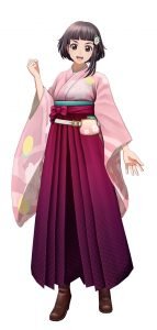Character design from Delightworks' Nippon Dakkan, which depicts a woman with short hair, clad in a pink kimono and hakama.