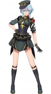Sakura Wars B.L.A.C.K. Character Visual depicting a blue-haired girl in a black military uniform. She's wearing a hat.