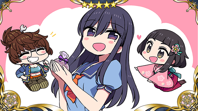 A purple-haire girl smiles as she holds a bag of chocolate. She is flanked by chibi girls with brown hair and black hair.